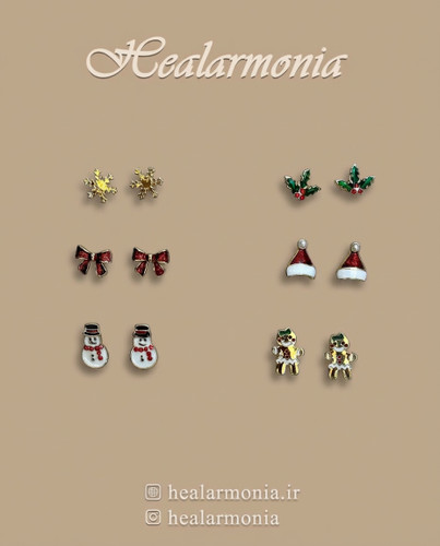 گوشواره های فانتزی طرح کریسمس طلایی پک 6 جفتی - وارداتی