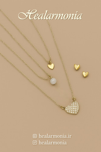 نیم ست گردنبند و گوشواره قلبی نگین دار طلایی سه لاین