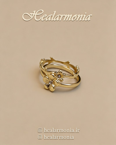 انگشتر طرح گل نگین دار طلایی دو عددی - وارداتی