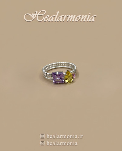 انگشتر سه عددی نگین دار سنگ آمیتیست نقره ای - وارداتی