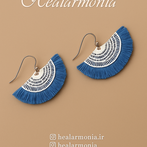 گوشواره فانتزی نخی آبی با قاب نقره ای - وارداتی