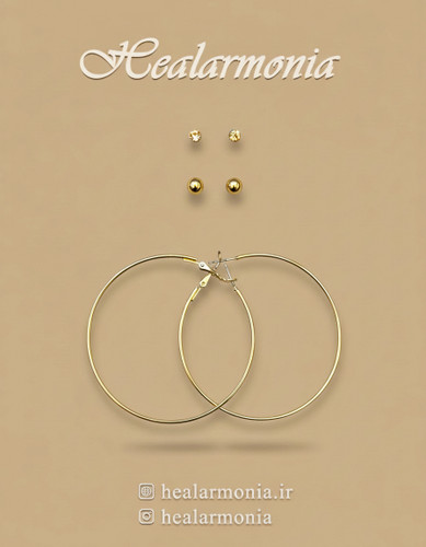 گوشواره حلقه ای، گوی و نگین دار طلایی پک سه جفتی - وارداتی