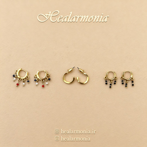 گوشواره حلقه ای مهره آویز کوچک طلایی سه جفتی - وارداتی