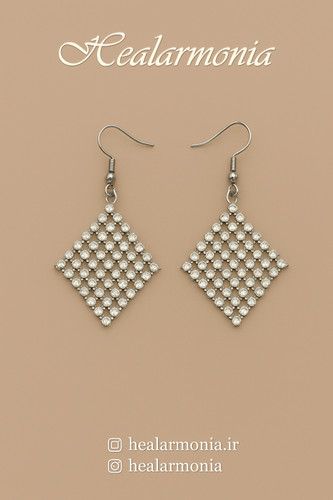 گوشواره آویز نگین دار طرح لوزی نقره ای - وارداتی