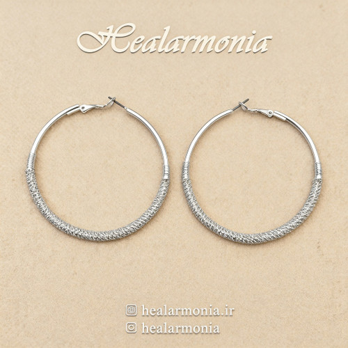گوشواره حلقه ای بافت دار بزرگ نقره ای - وارداتی