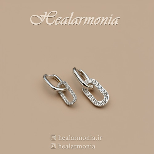 گوشواره حلقه ای زنجیری نگین دار نامتقارن نقره ای - وارداتی