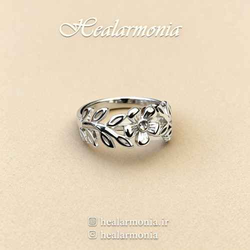 انگشتر طرح برگ و گل نگین دار نقره ای - وارداتی