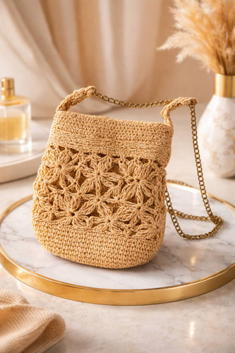 کیف مکرومه بافی دست باف زنانه، طرح باز گلدار