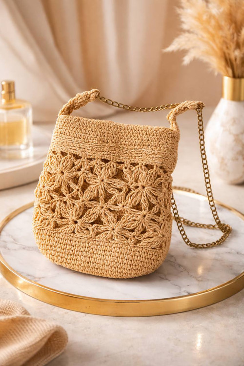 کیف مکرومه بافی دست باف زنانه، طرح باز گلدار