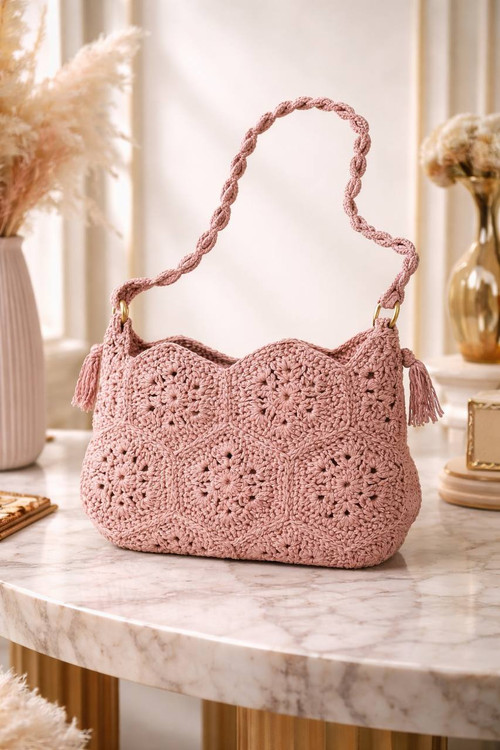 کیف مکرومه دست باف زنانه، مدل شش ضلعی