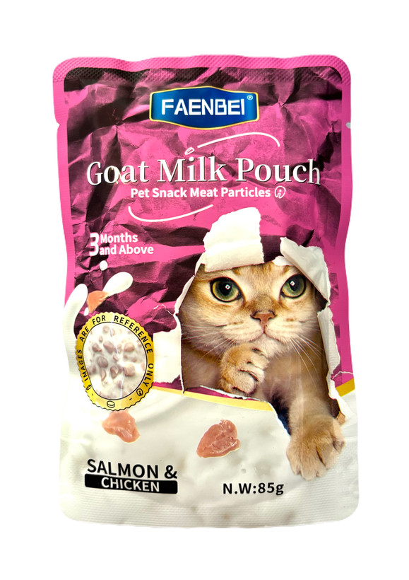 پوچ گربه فنبی طعم ماهی سالمون و مرغ در شیر بز - 85 گرم