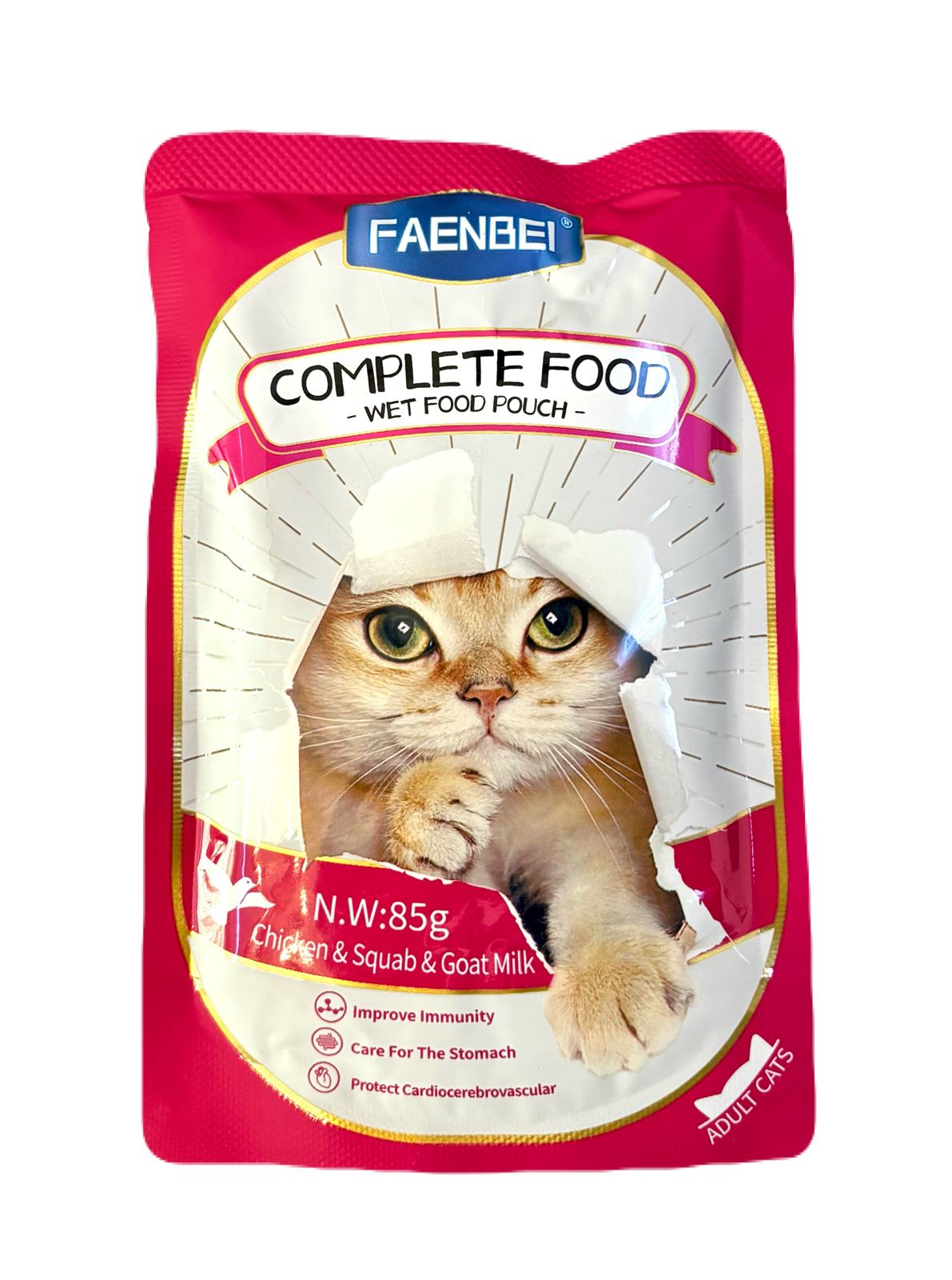 پوچ گربه فنبی مدل غذای کامل طعم مرغ و کبوتر در شیر بز - 85 گرم